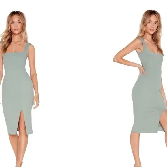 Nasty Gal Square Neck Split Hem Midi Sage Dress Size 4 - Picture 2 of 16